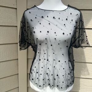 E736 GUC Black Sheer Top w/ Black Beading